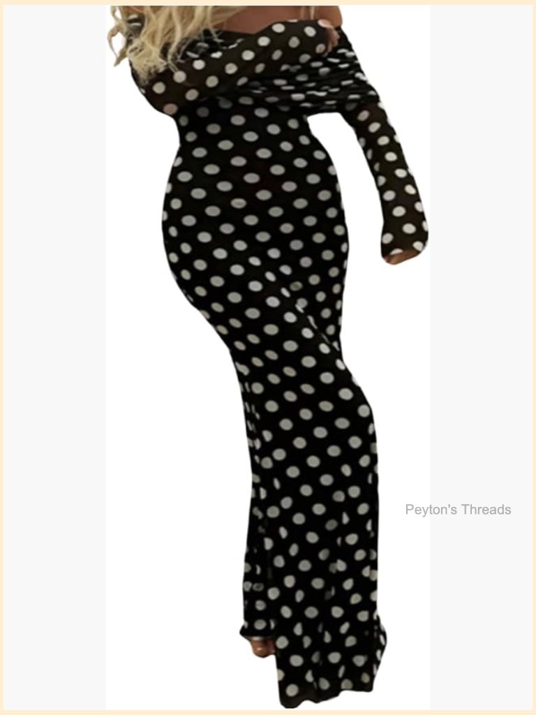 Off Shoulder Polka Dot Maxi Dress Long Sleeve Bodycon Figure Hugging